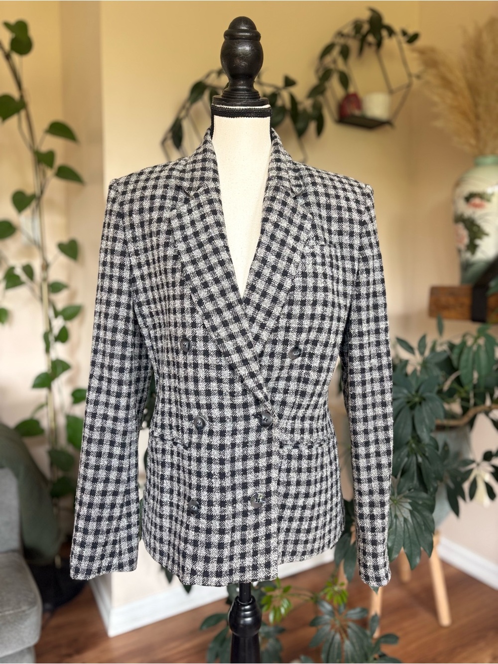 Vintage Chaus Wool Blend Double Breasted Checker Blazer Jacket